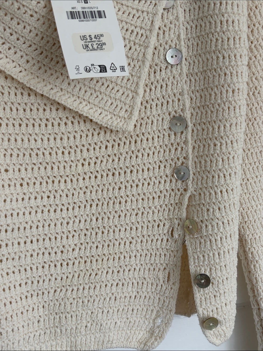 Zara Cream Crochet Shawl-Collar Button Cardigan - Picture 3 of 4